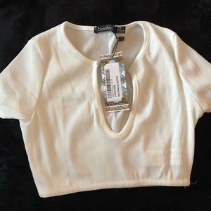 Nasty gal  white cropped ribbed T with V-neck